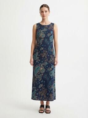 Sage Harbor Paisley Midi Sheath Dress Navy Teal Vintage Size 10 Gallery Boho